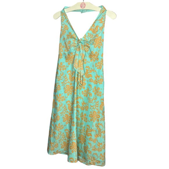 Vintage‎ Y2K 00s Gap Size 4 Green Mustard Floral Retro Cotton Halter Sun Dress - Picture 1 of 6